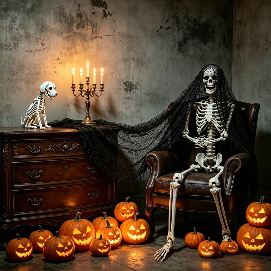Life Size Posable Skeleton with Dog & Creepy Cloth M68048