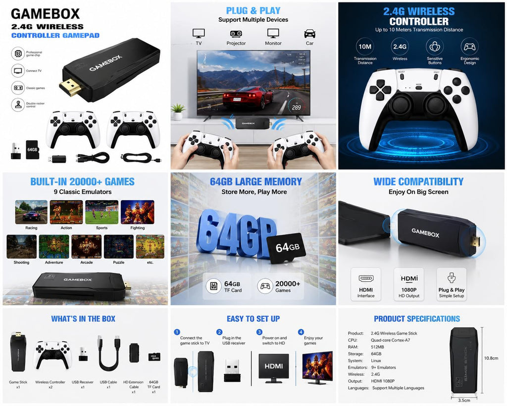 Wireless Retro Game Console 4K HDMI Stick with 2 Wireless Controllers D7611