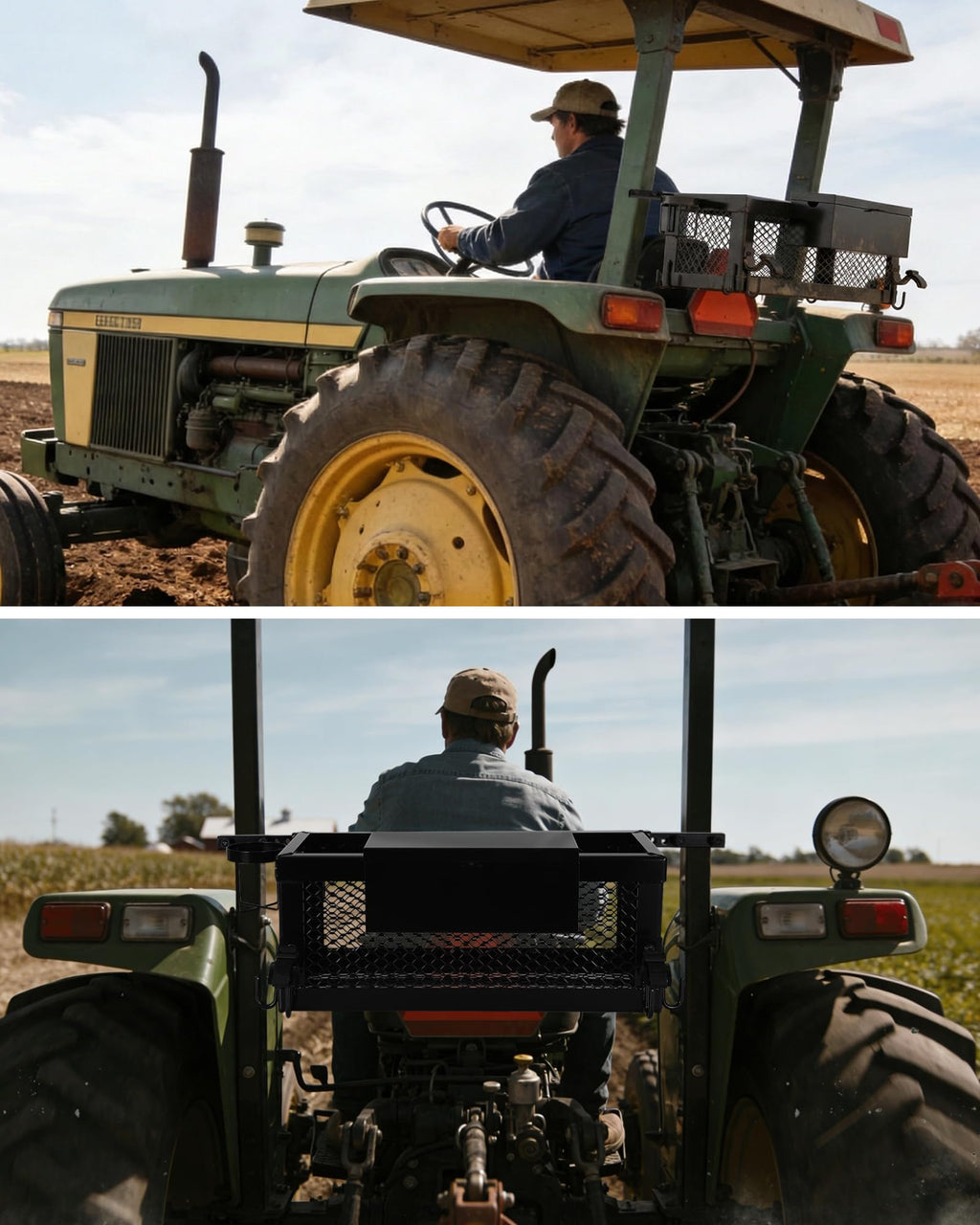Heavy Duty Tractor Tool Box, 24x10x10 Inch Lockable Basket Attachment with Hooks and Ratchet Strap Z1956