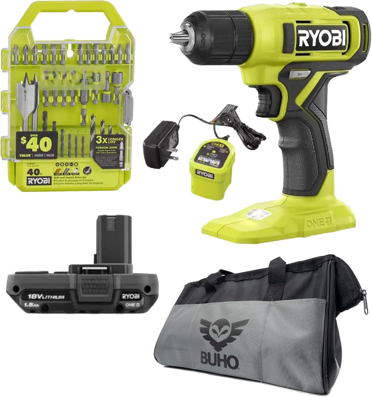 18V Drill Set with Battery, Charger, Bits & Bag C406