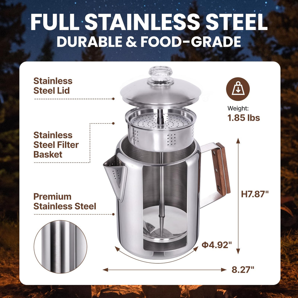 9 Cup Stainless Steel Coffee Pot with Wood Handle I78747