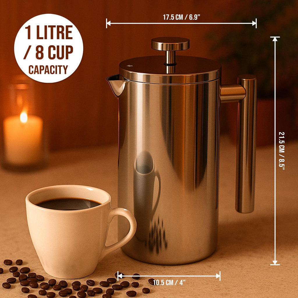Stainless Steel French Press 1L Double Wall Insulated Coffee Maker O828
