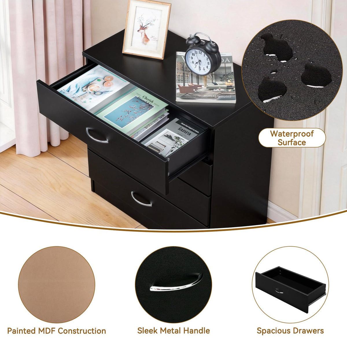 Black 4 Drawer Nightstand E363