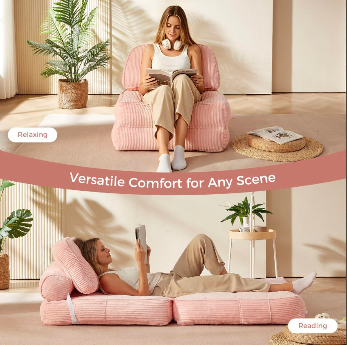 Pink Foldable Sofa Bed with Pillow & Blanket E4052