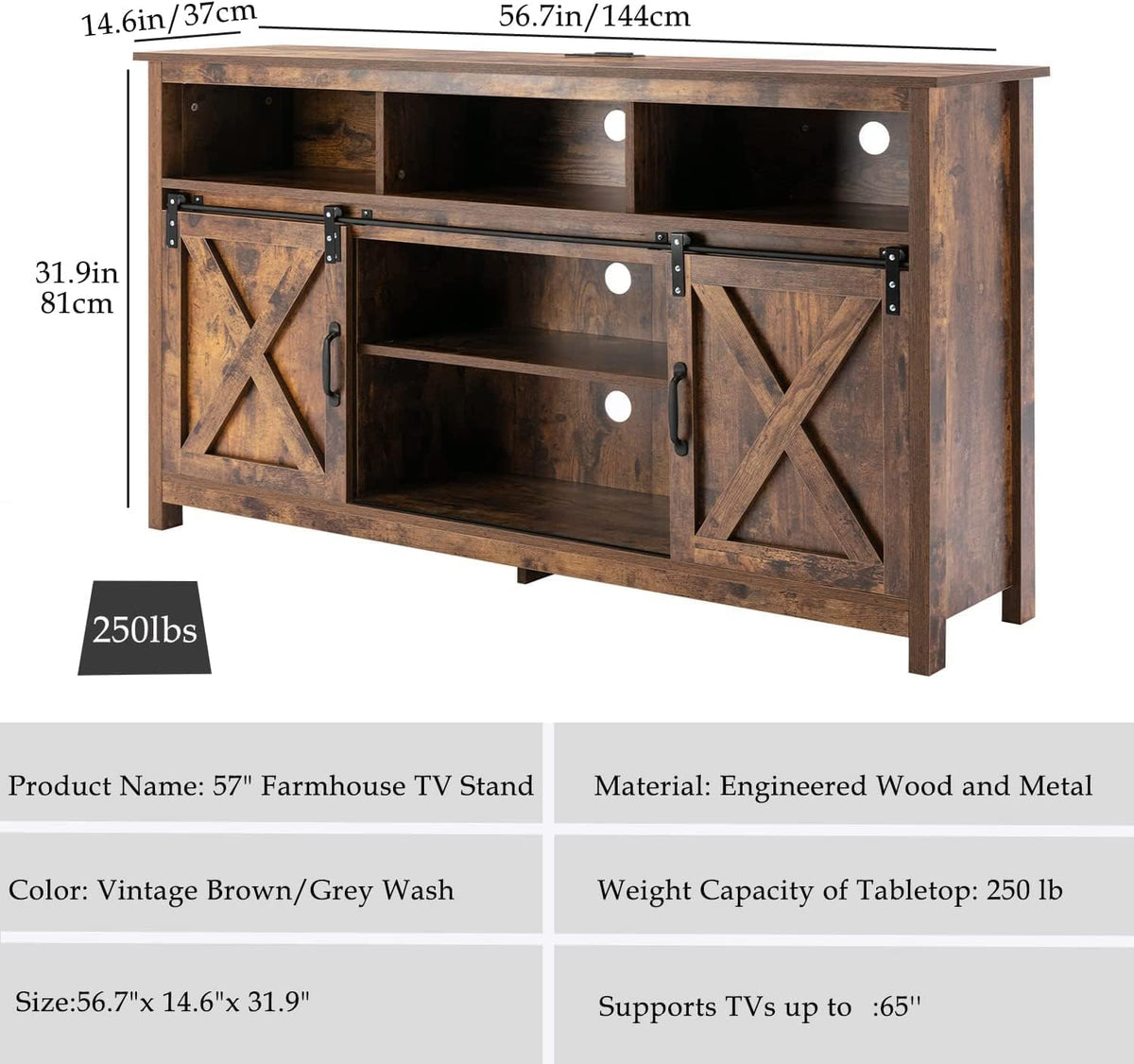 57In Wooden Farmhouse TV Stand with Sliding Barn Door W5147
