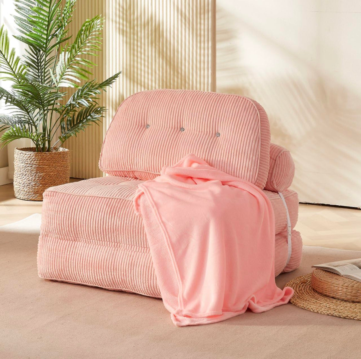 Pink Foldable Sofa Bed with Pillow & Blanket E4052