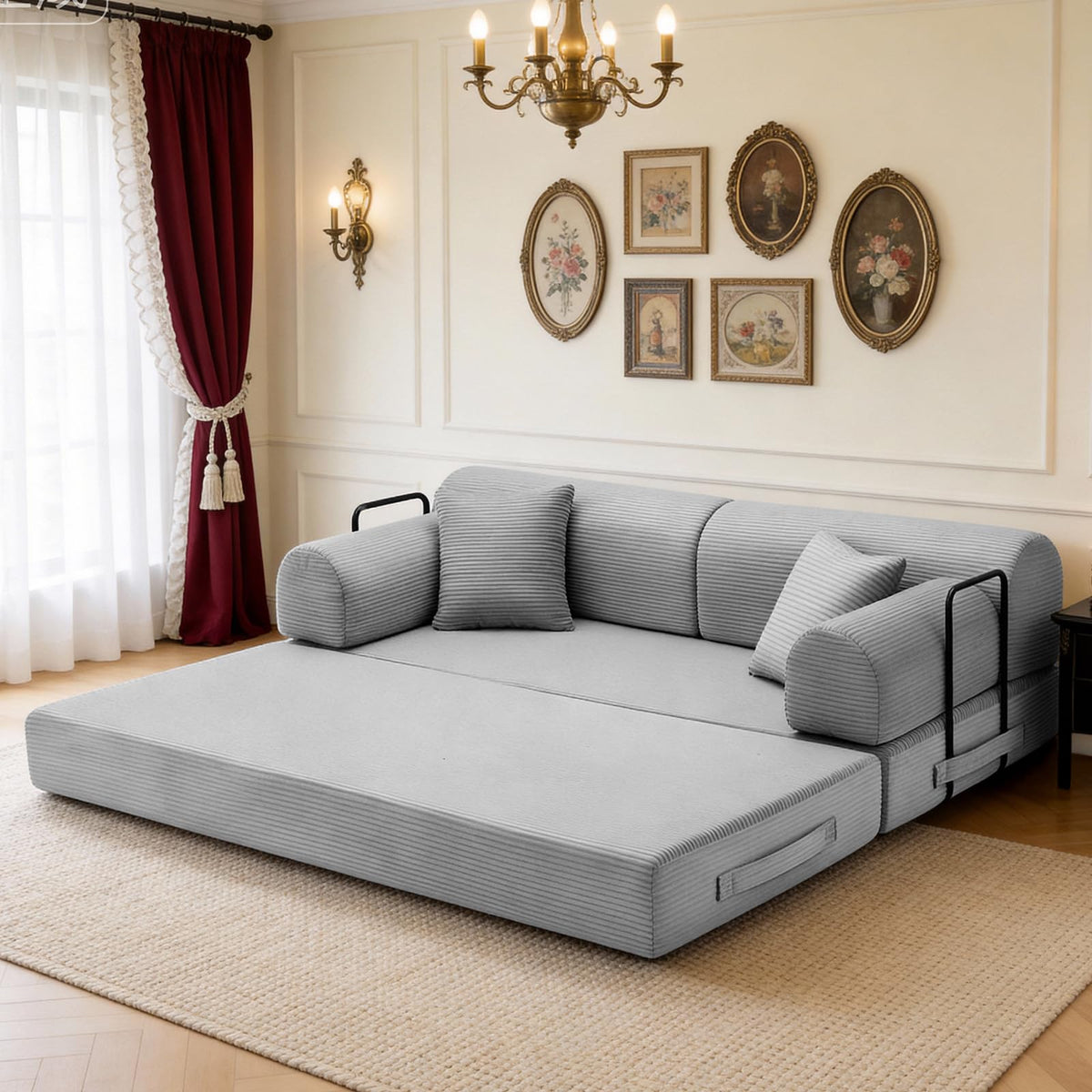 Light Gray Corduroy Convertible Sofa Bed D232008