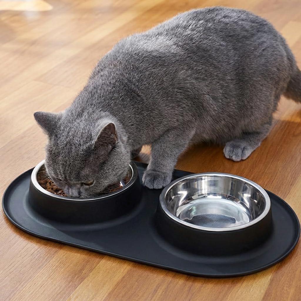 Stainless Steel Cat Food Bowls with Non-Slip Mat, 1.5 Cups Each U140