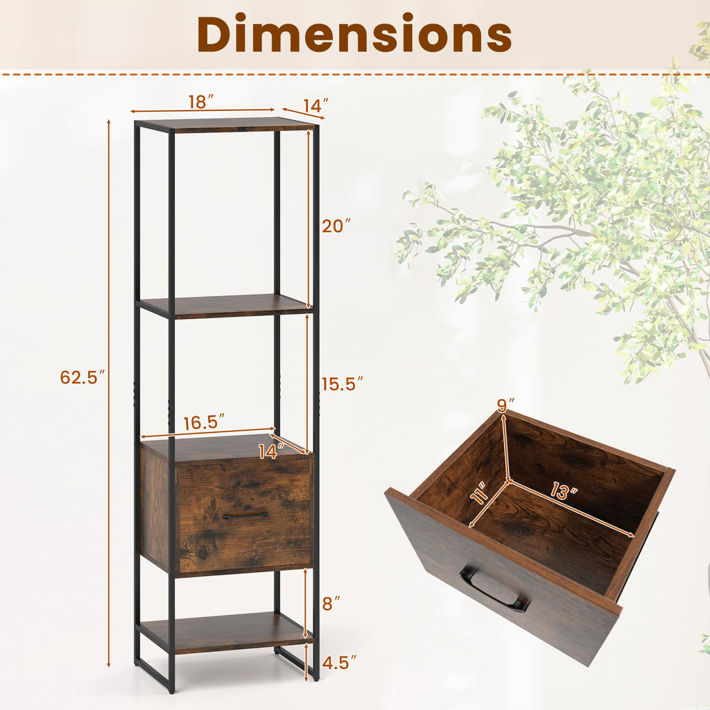 5-Tier Bookshelf with Drawer Narrow Bookcase W6338