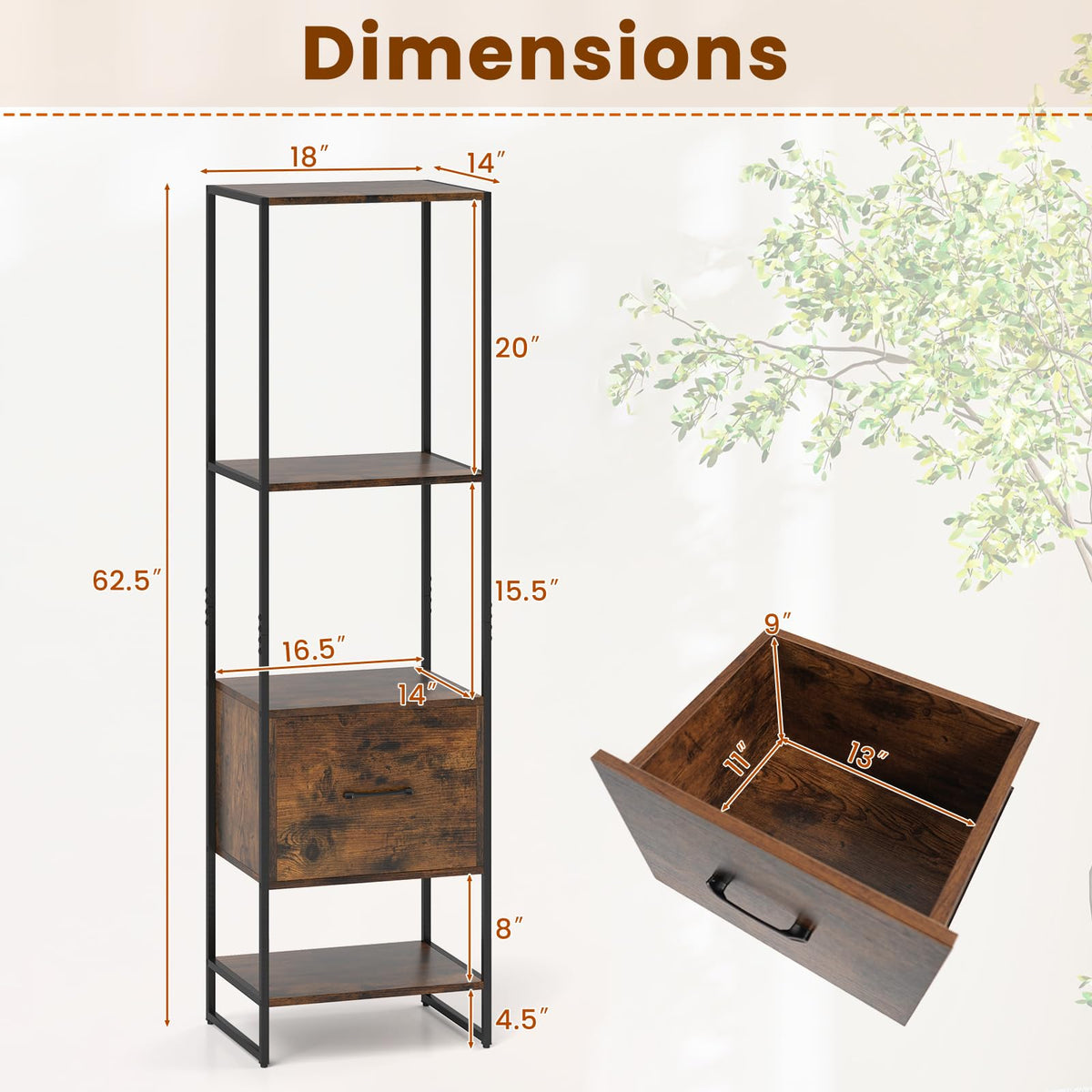 5-Tier Bookshelf with Drawer Narrow Bookcase W6338