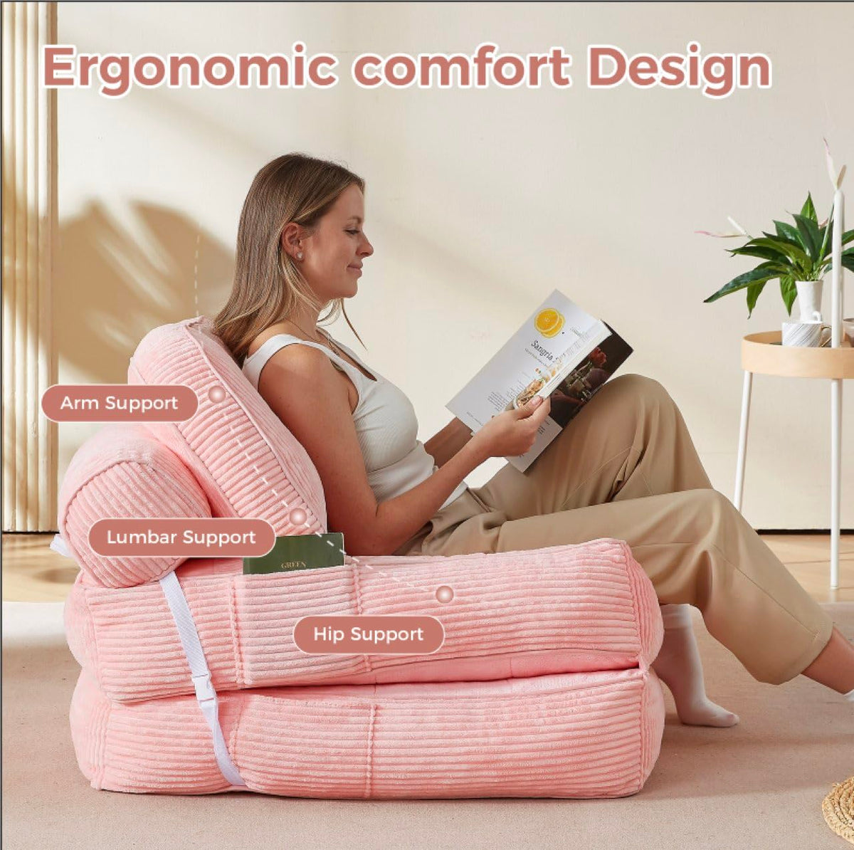 Pink Foldable Sofa Bed with Pillow & Blanket E4052