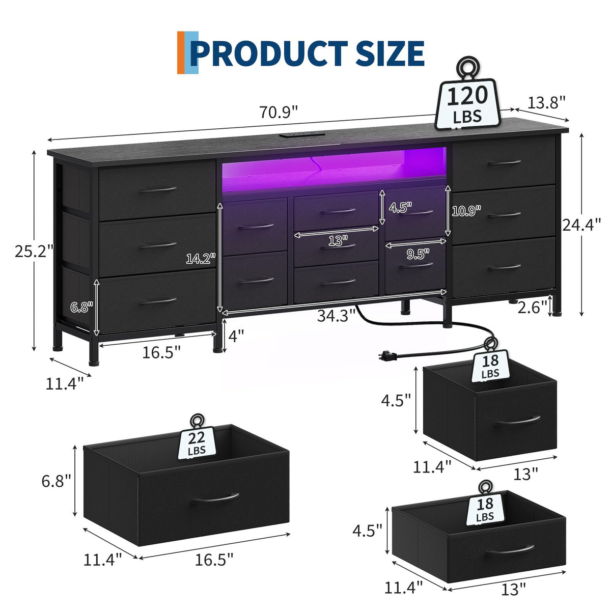 Black 13 Drawer Dresser TV Stand with LED Lights & Charging Station I5088
