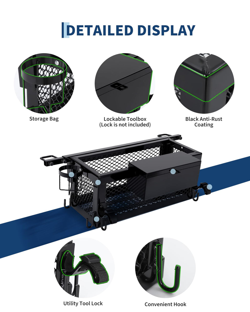 Heavy Duty Tractor Tool Box, 24x10x10 Inch Lockable Basket Attachment with Hooks and Ratchet Strap Z1956