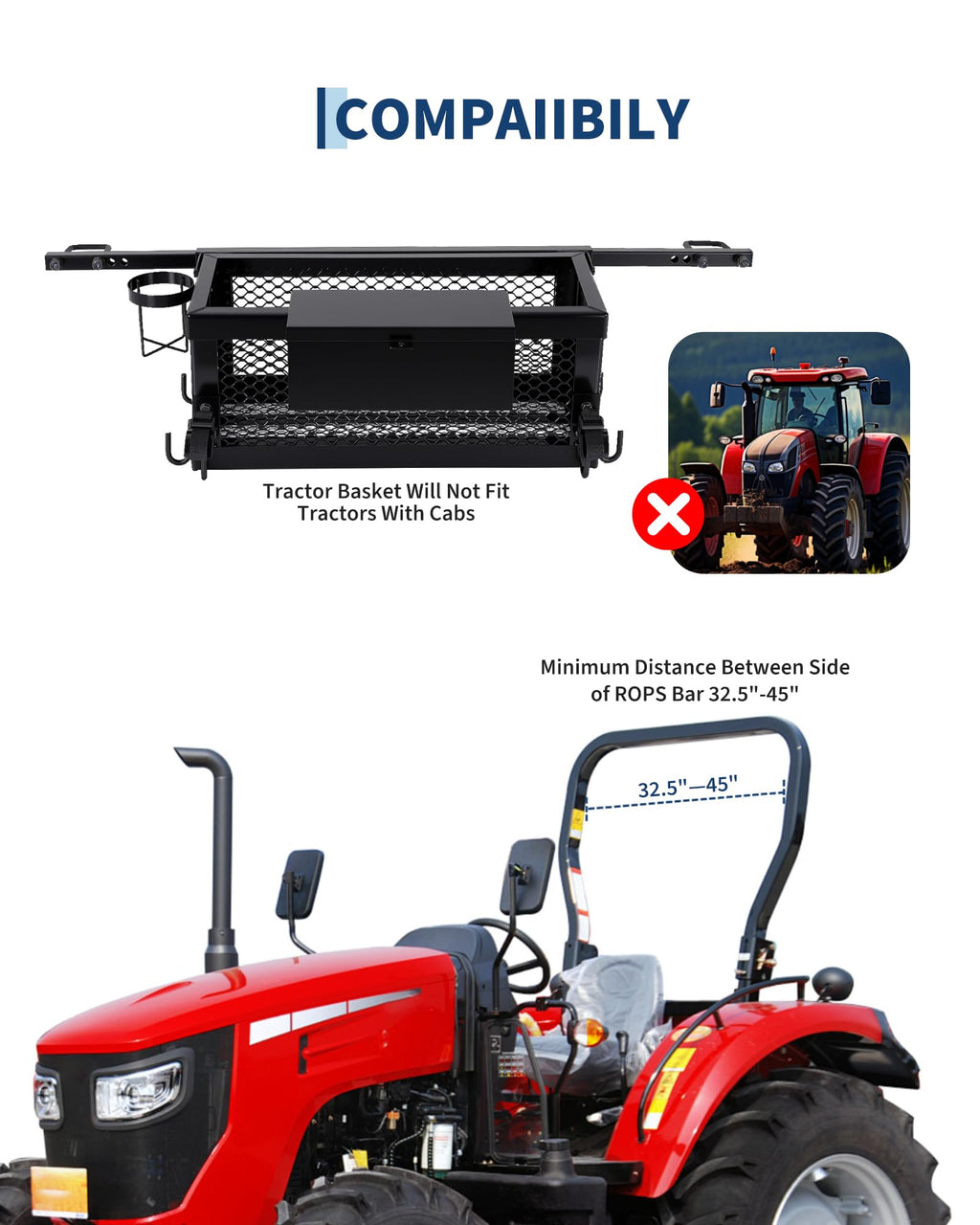 Heavy Duty Tractor Tool Box, 24x10x10 Inch Lockable Basket Attachment with Hooks and Ratchet Strap Z1956