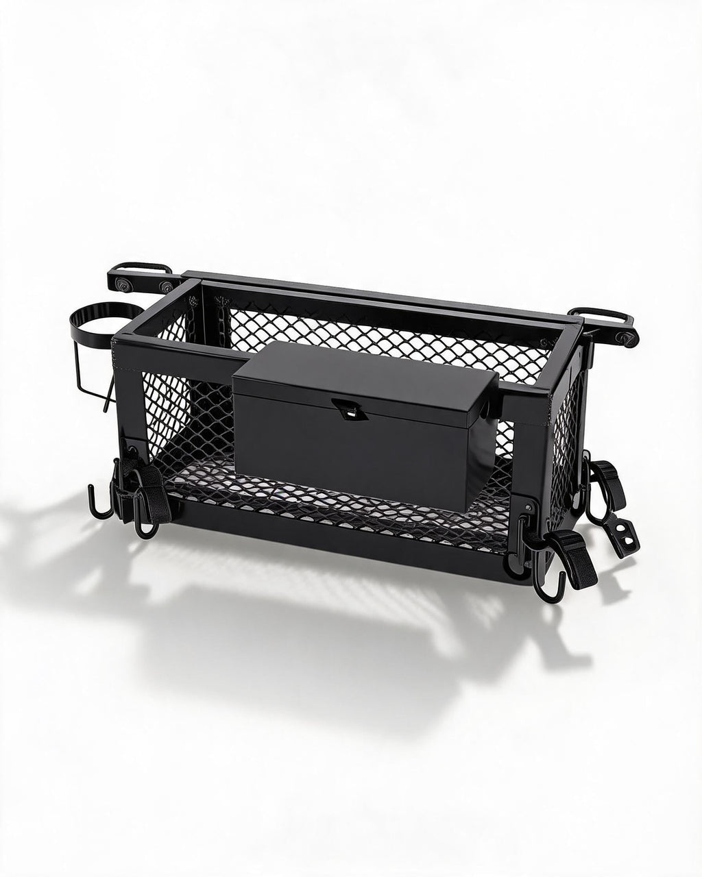 Heavy Duty Tractor Tool Box, 24x10x10 Inch Lockable Basket Attachment with Hooks and Ratchet Strap Z1956