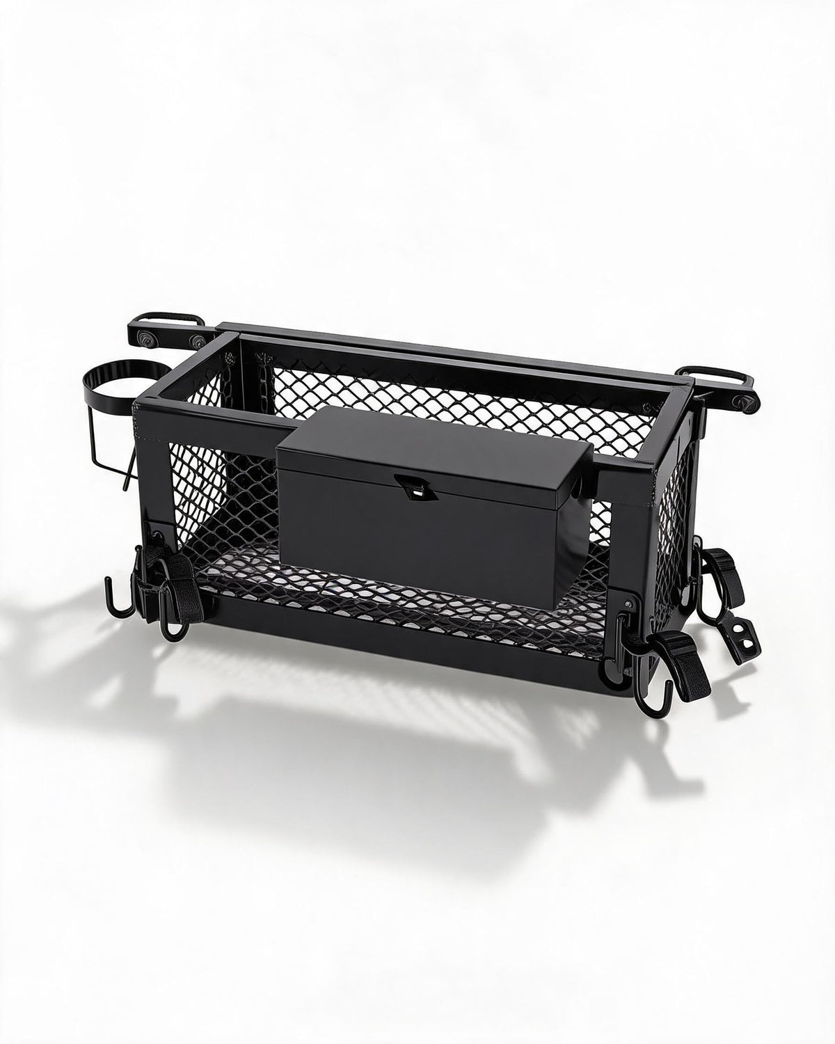 Heavy Duty Tractor Tool Box, 24x10x10 Inch Lockable Basket Attachment with Hooks and Ratchet Strap Z1956