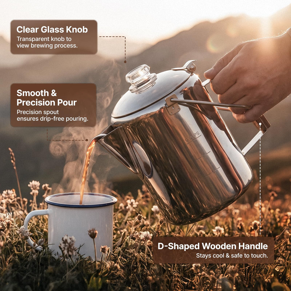 9 Cup Stainless Steel Coffee Pot with Wood Handle I78747