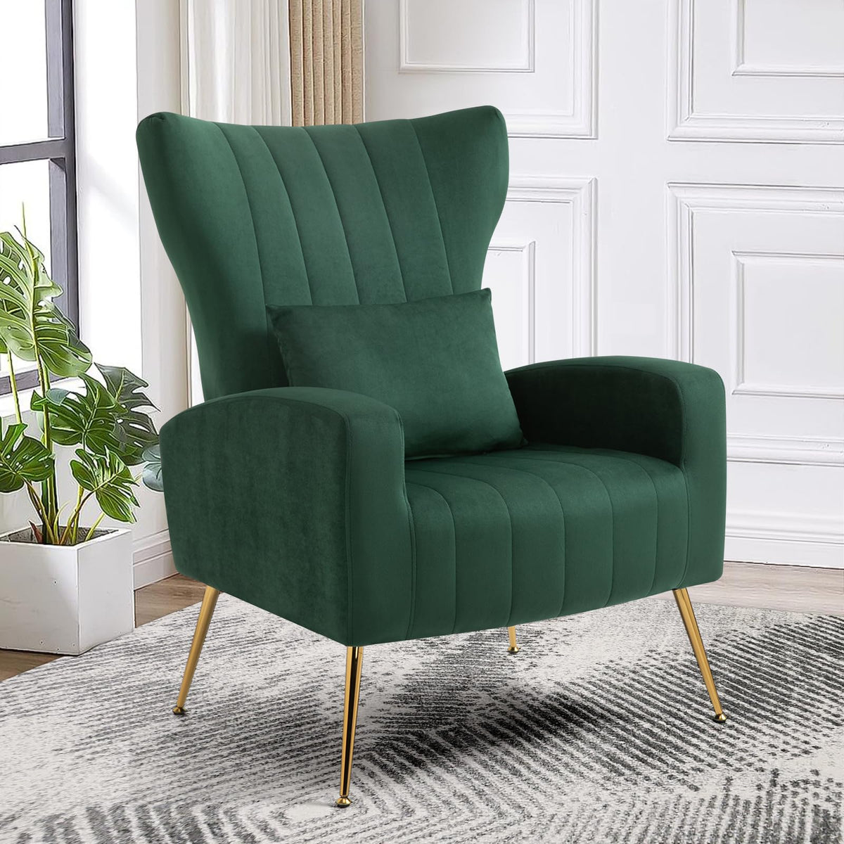 Green Velvet Accent Chairs Set of 2 with Lumbar Pillow T25486