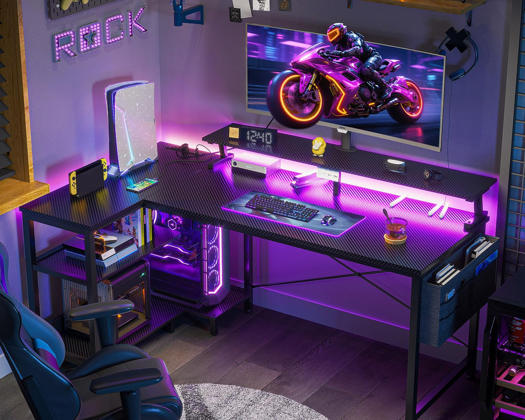 48 Inch L Shaped Gaming Desk with LED Lights and Power Outlets D25312