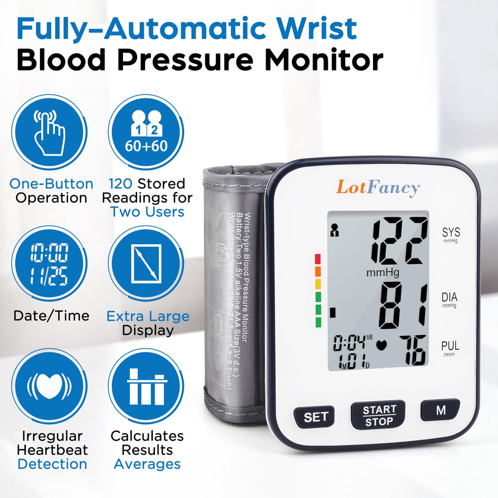 Automatic Wrist Blood Pressure Monitor with Adjustable Cuff and 120 Memory J12103