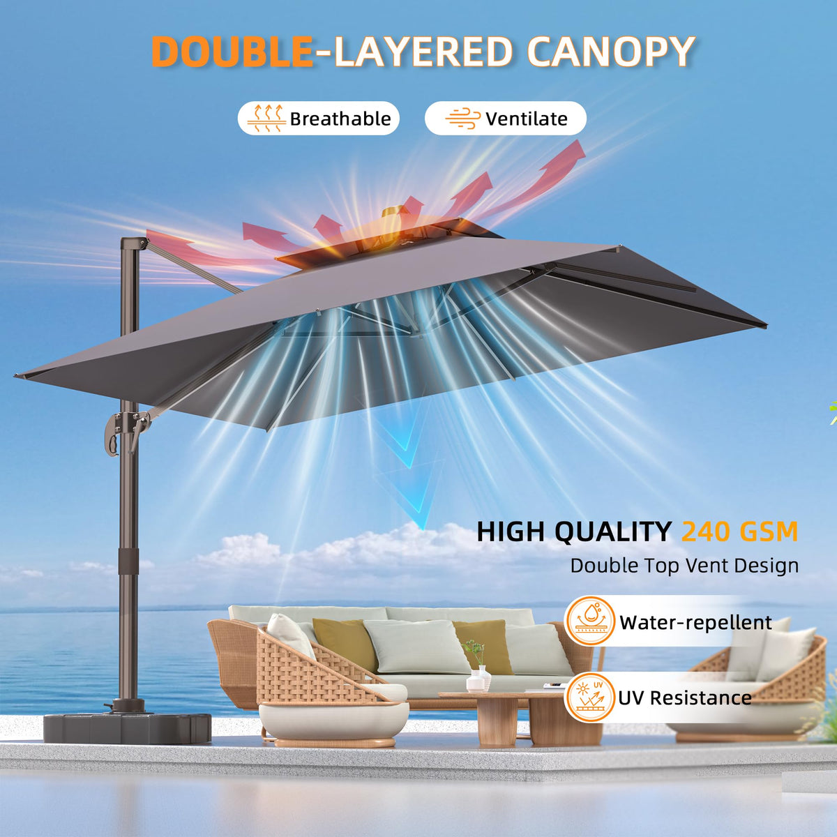 9' X 12' Grey Cantilever Patio Umbrella with Base U754
