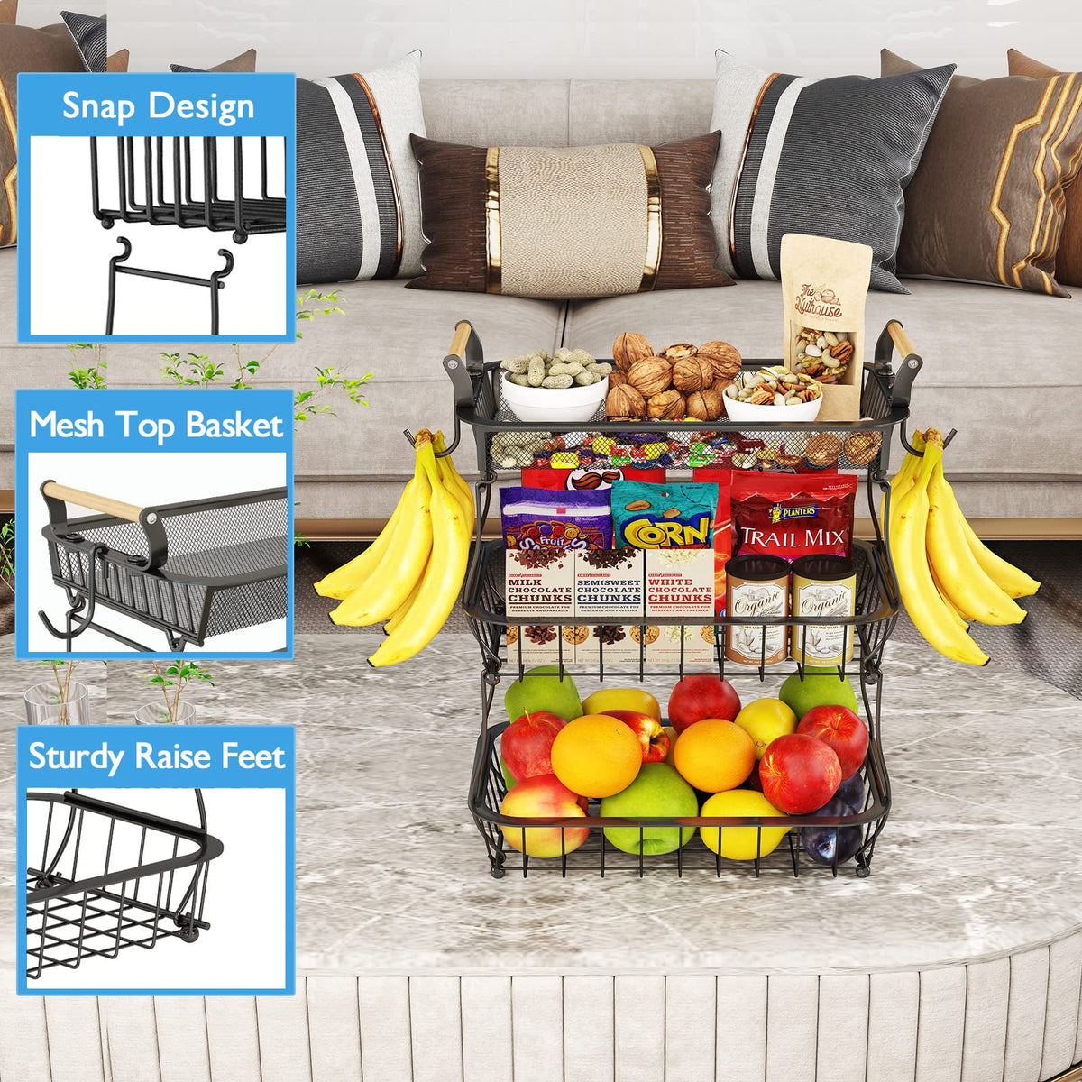 3 Tier Fruit Basket with 2 Banana Hangers F7266