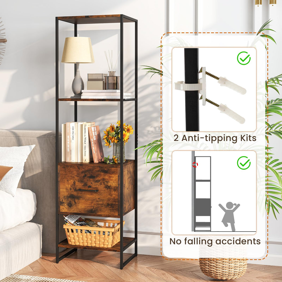 5-Tier Bookshelf with Drawer Narrow Bookcase W6338