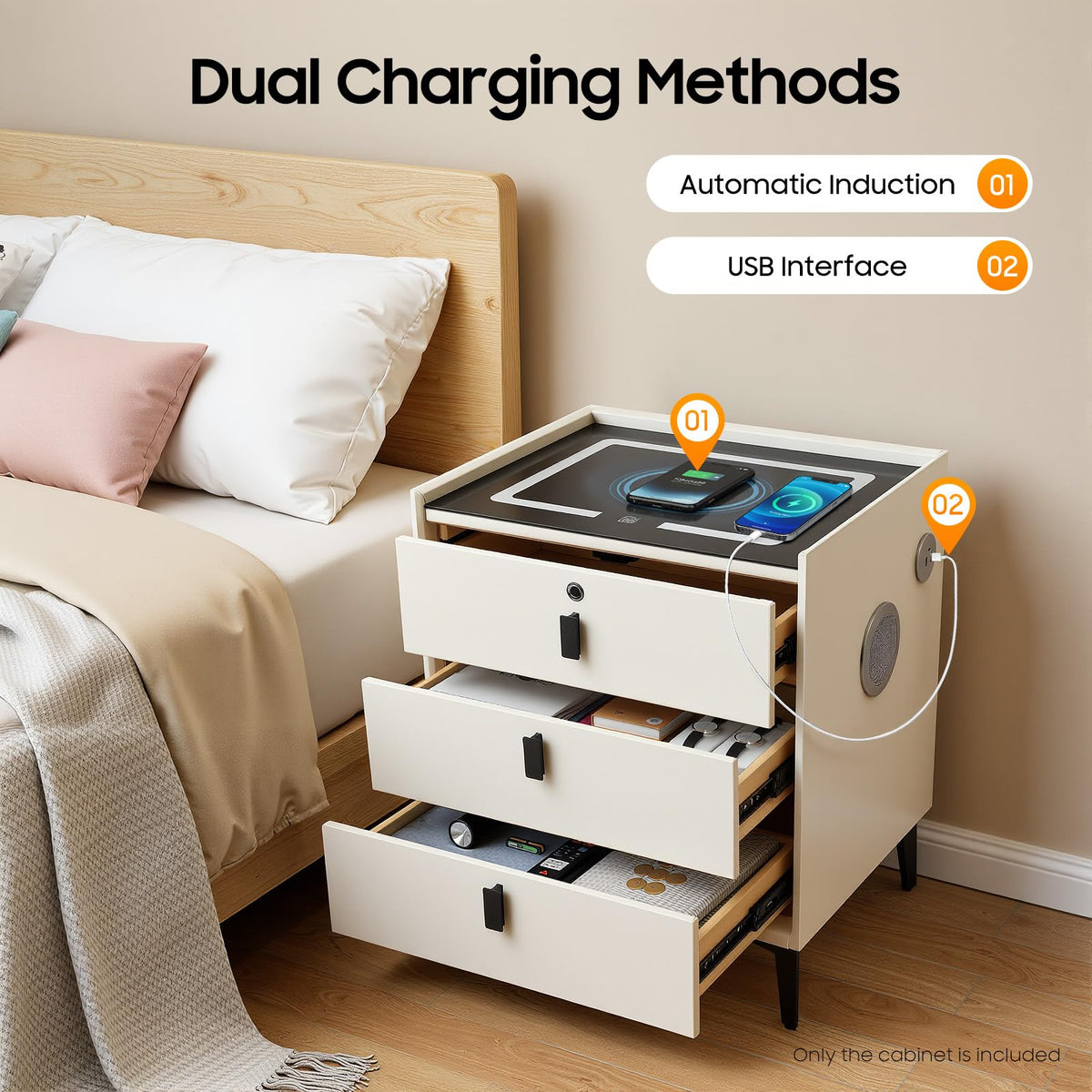 LED Nightstand with Charging Station and Drawers N723