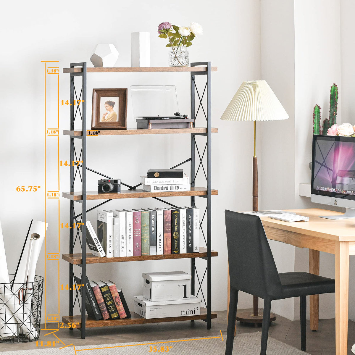 5-Tier Industrial Bookshelf with Metal Frame K229
