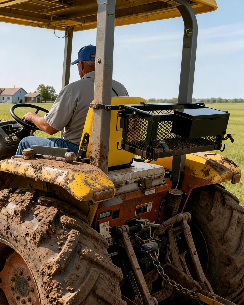 Heavy Duty Tractor Tool Box, 24x10x10 Inch Lockable Basket Attachment with Hooks and Ratchet Strap Z1956