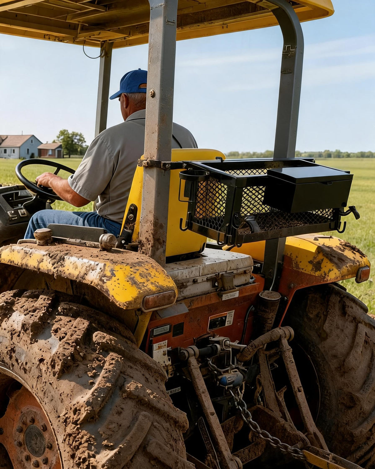 Heavy Duty Tractor Tool Box, 24x10x10 Inch Lockable Basket Attachment with Hooks and Ratchet Strap Z1956