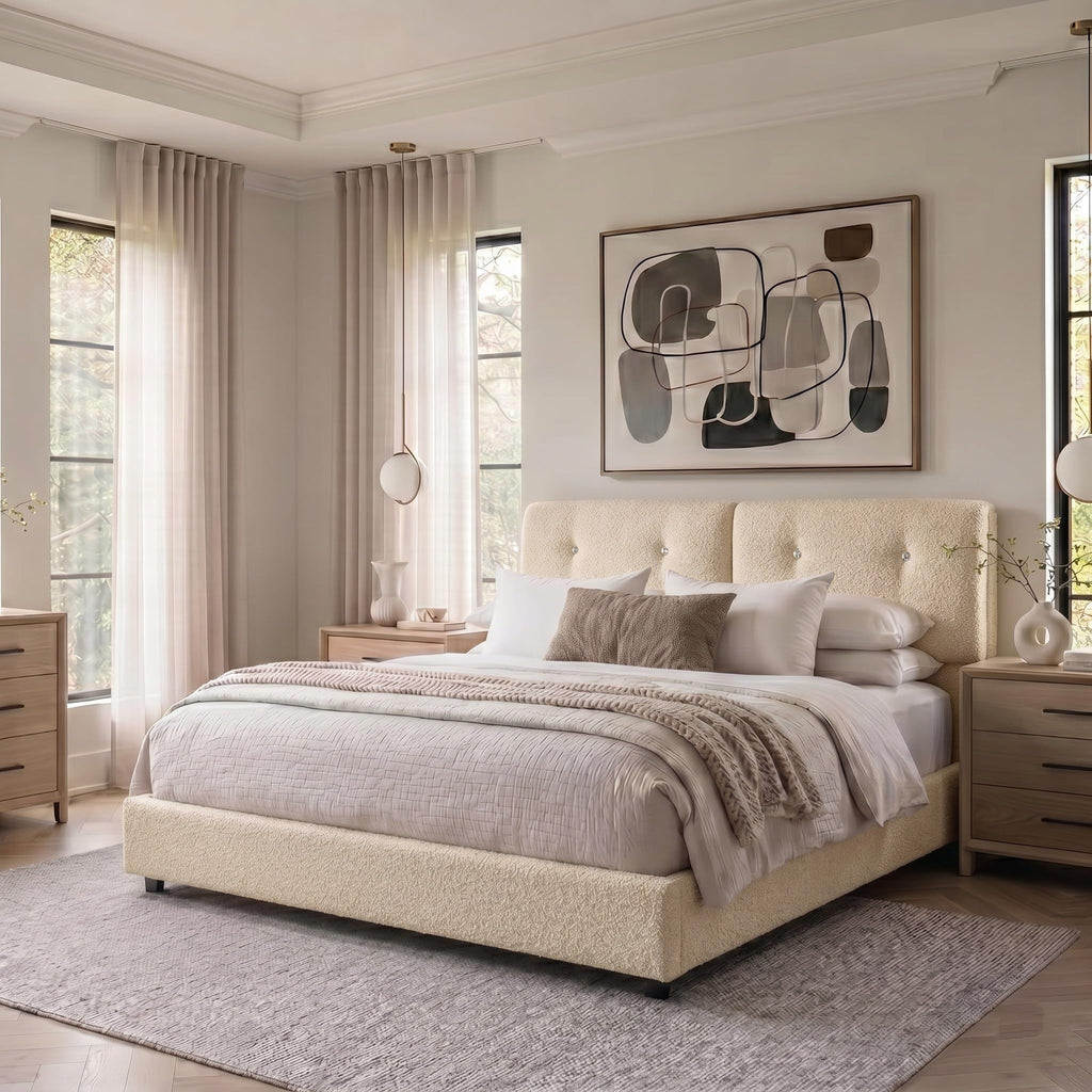 Queen Size Beige Boucle Upholstered Bed Frame with Headboard J481