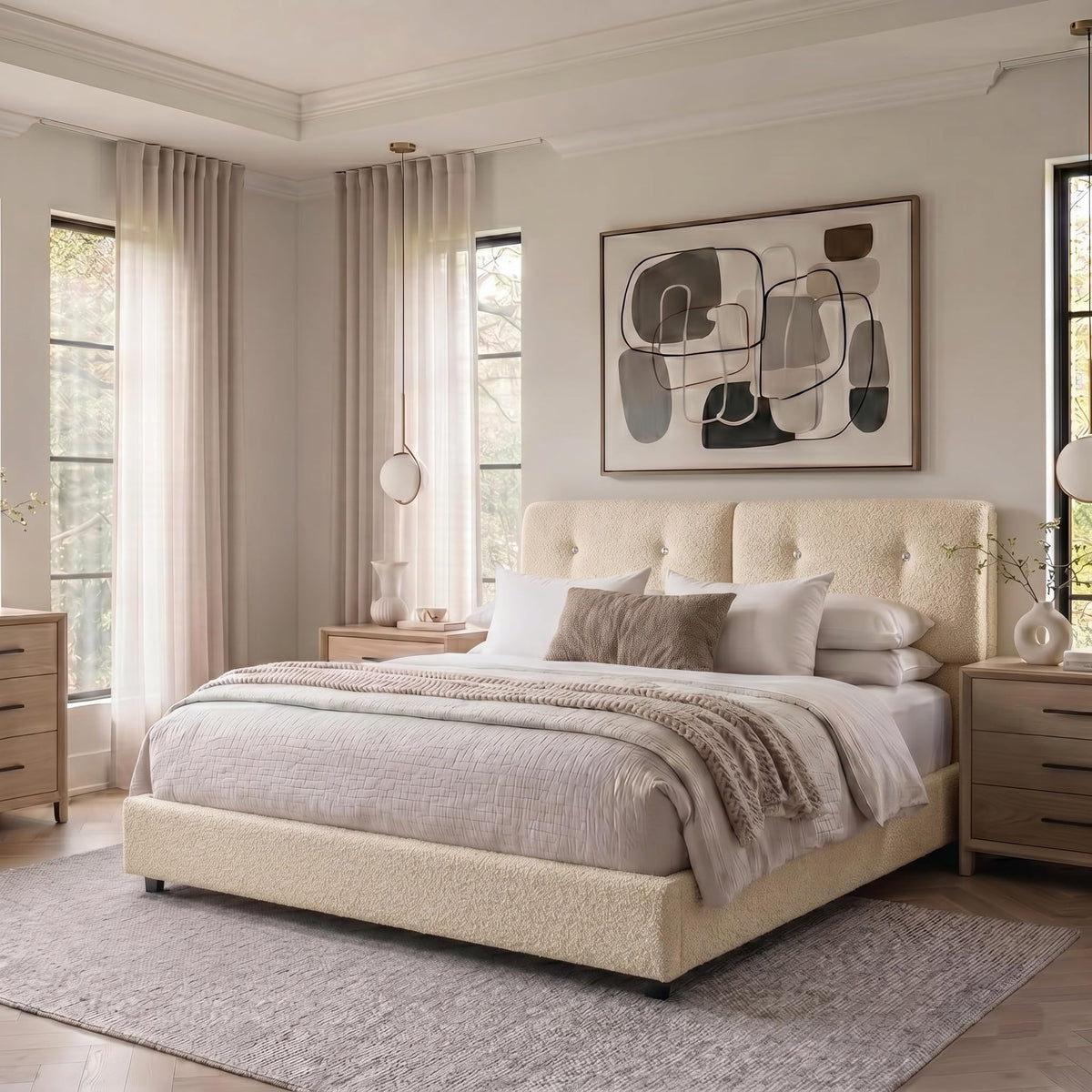 Queen Size Beige Boucle Upholstered Bed Frame with Headboard J481