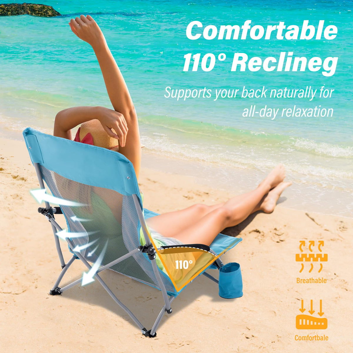 Portable Low Folding Beach Chairs Set of 2 Lightweight with Cup Holder Storage Pockets Carry Bag Blue N240