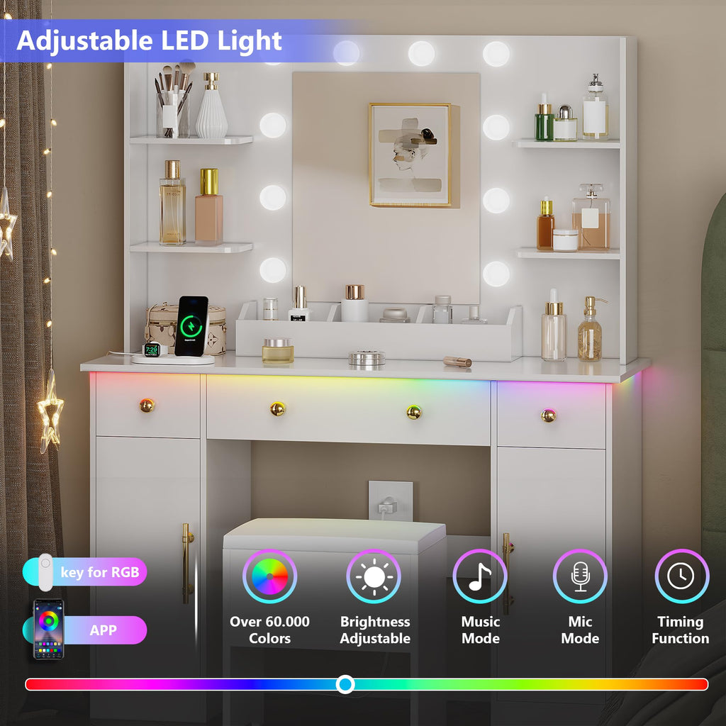 White Vanity Desk with Mirror and Lights, Charging Station, Stool, 3 Drawers and Cabinets X3169