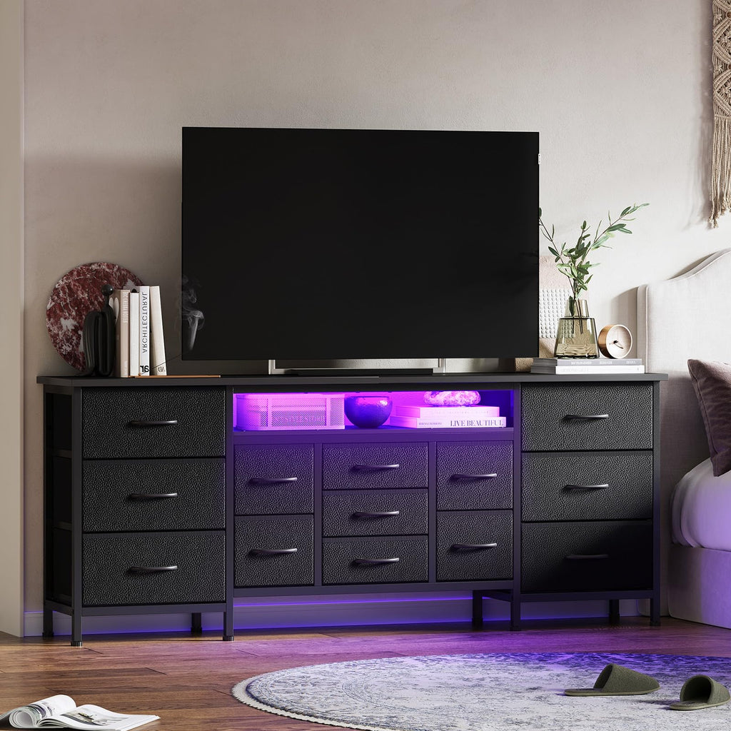 Black 13 Drawer Dresser TV Stand with LED Lights & Charging Station I5088