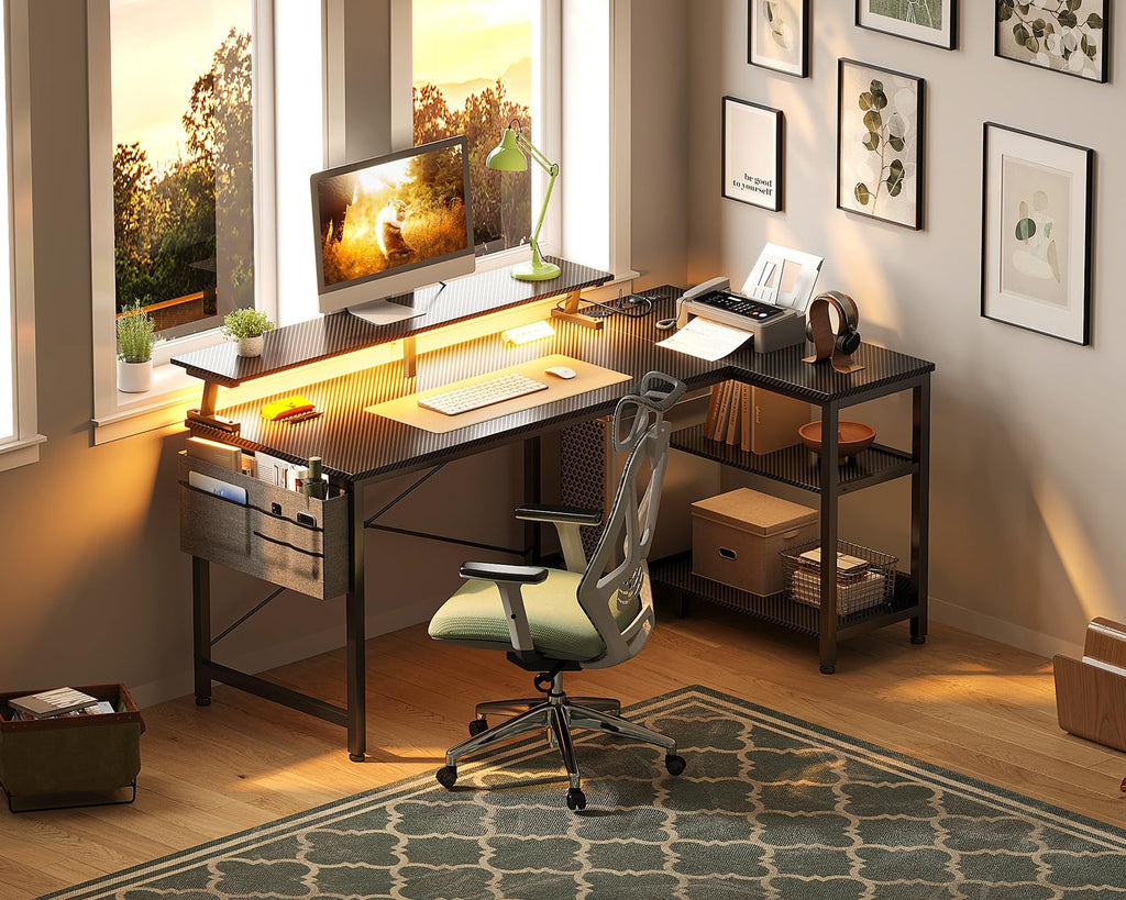48 Inch L Shaped Gaming Desk with LED Lights and Power Outlets D25312