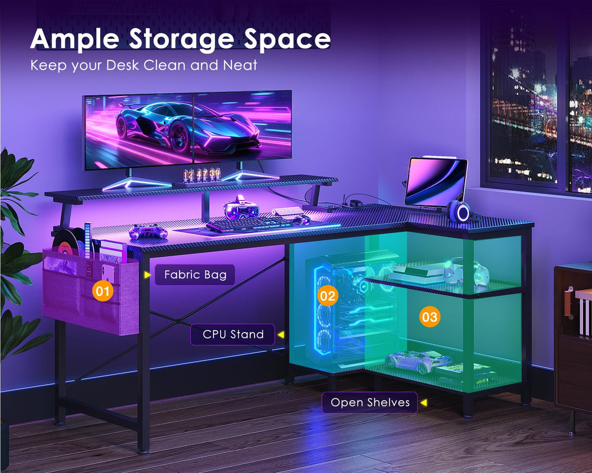 48 Inch L Shaped Gaming Desk with LED Lights and Power Outlets D25312