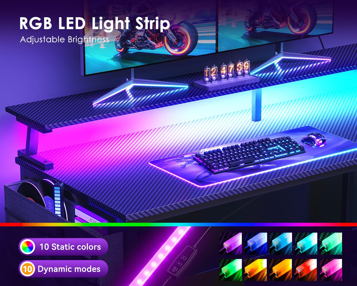 48 Inch L Shaped Gaming Desk with LED Lights and Power Outlets D25312
