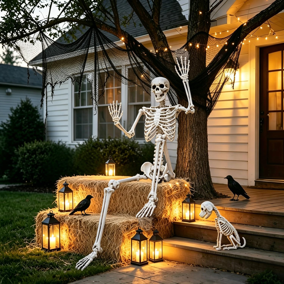 Life Size Posable Skeleton with Dog & Creepy Cloth M68048