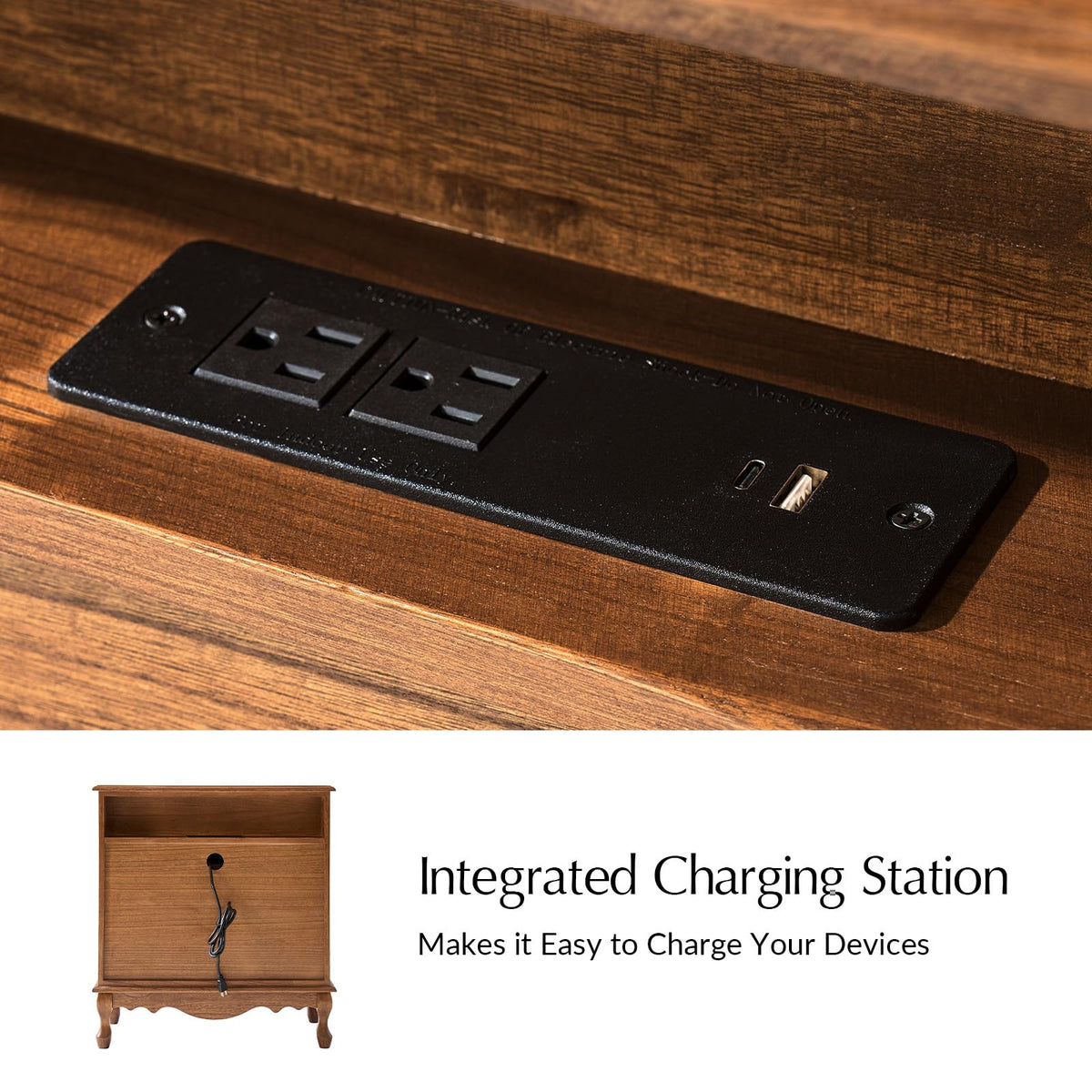Set of 2 Wood Side Table with 3 Drawers and Charging Station F342029