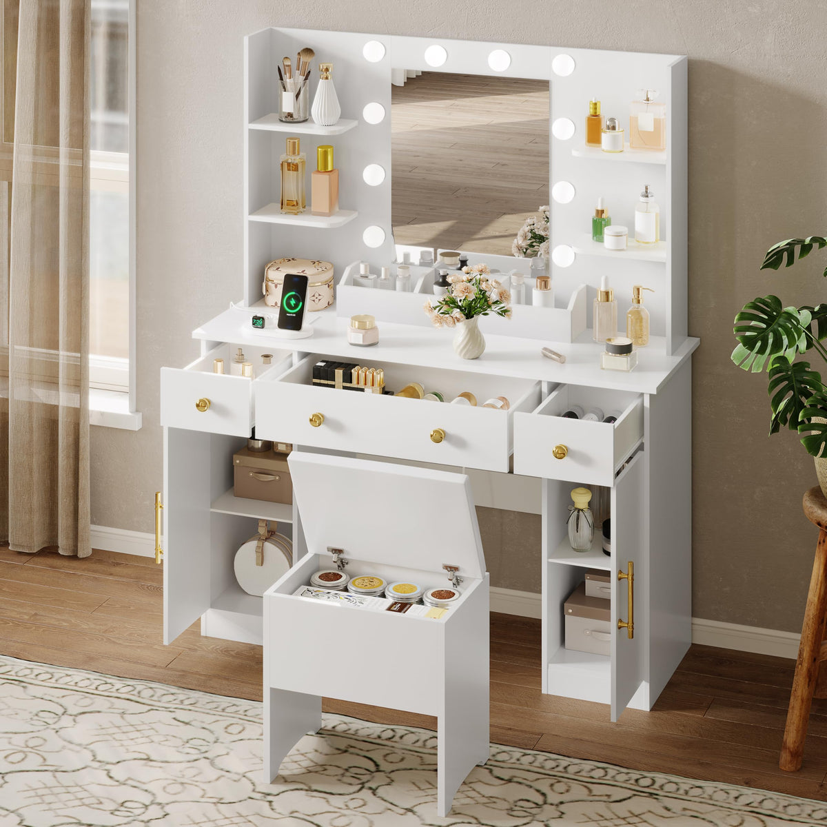 White Vanity Desk with Mirror and Lights, Charging Station, Stool, 3 Drawers and Cabinets X3169