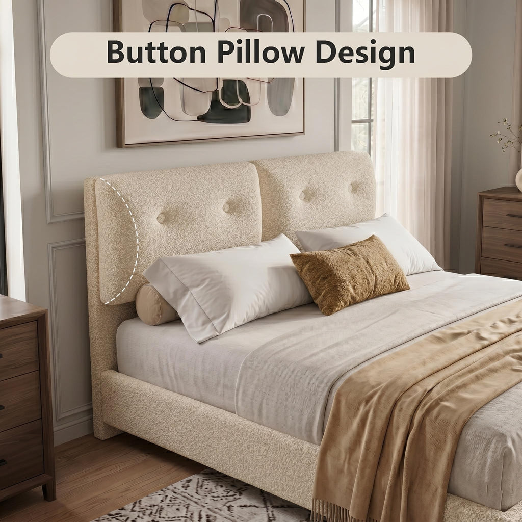 Queen Size Beige Boucle Upholstered Bed Frame with Headboard J481