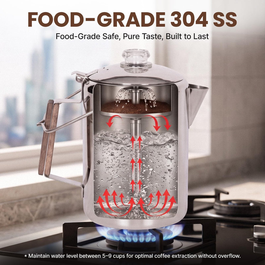 9 Cup Stainless Steel Coffee Pot with Wood Handle I78747