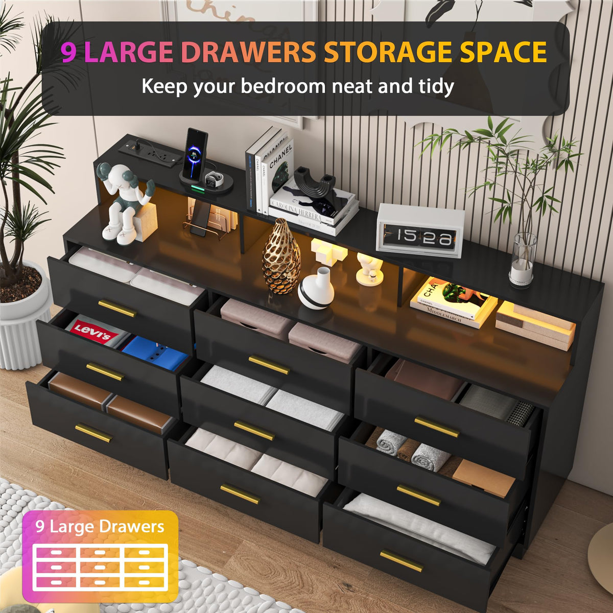 Black 9 Drawer Wood Dresser L434