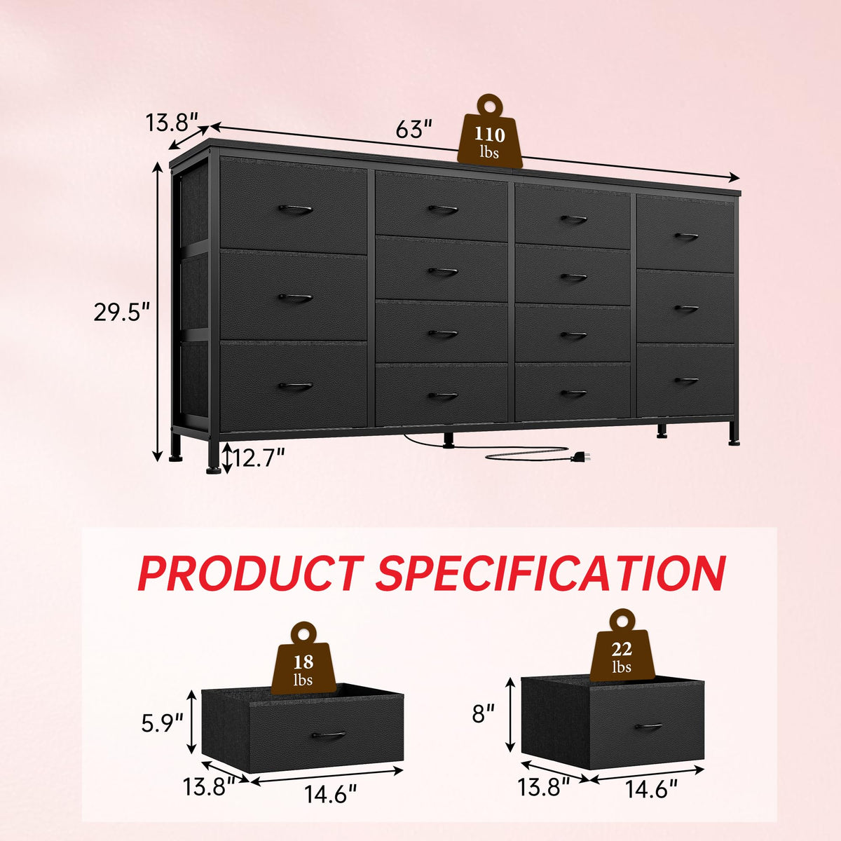 Black 14 Drawer Fabric TV Stand L791