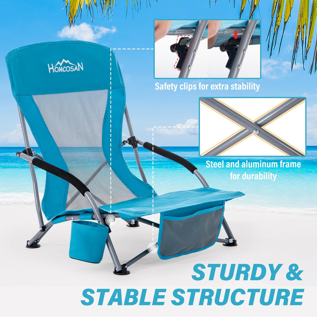 Portable Low Folding Beach Chairs Set of 2 Lightweight with Cup Holder Storage Pockets Carry Bag Blue N240