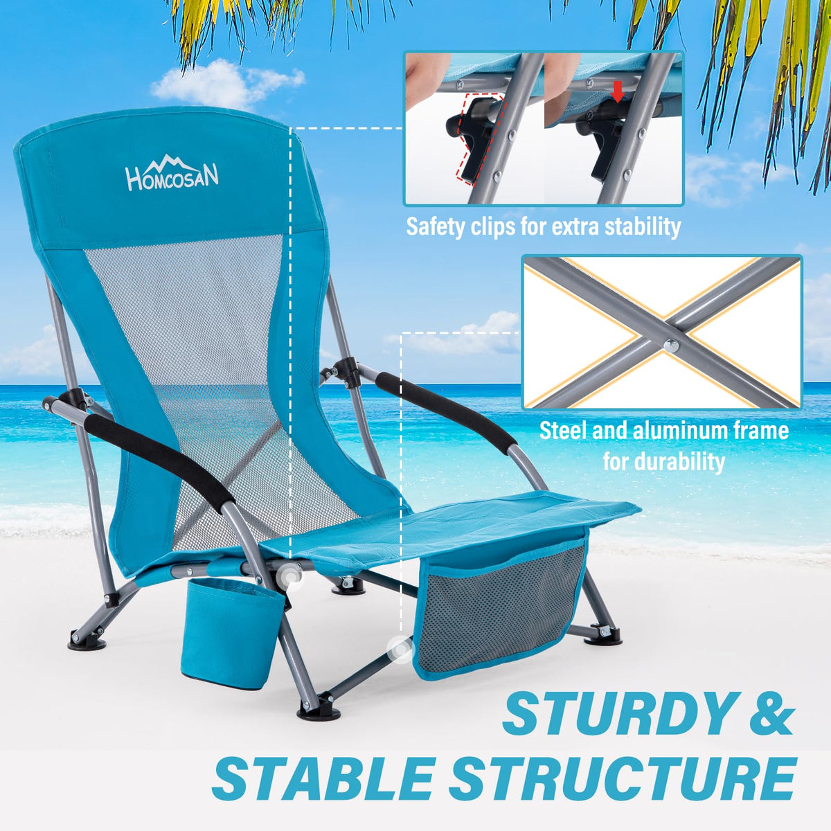 Portable Low Folding Beach Chairs Set of 2 Lightweight with Cup Holder Storage Pockets Carry Bag Blue N240