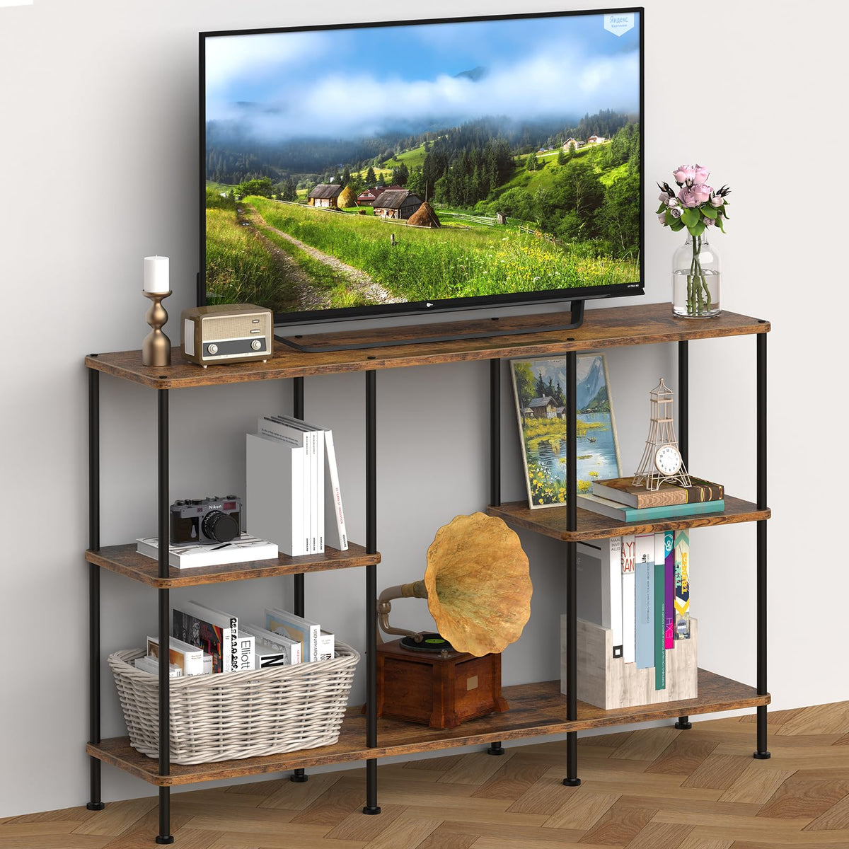 Brown 3 Tier Wood TV Stand with Storage Shelf X2481