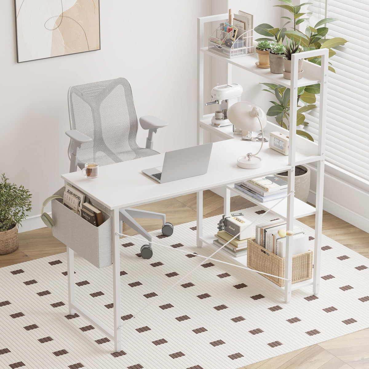 47 Inch White Computer Desk with Bookshelf G90593